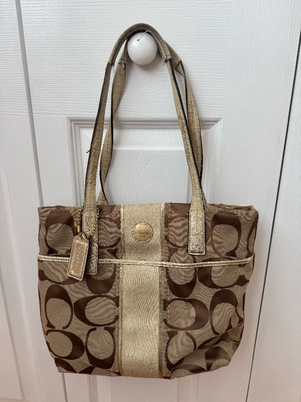 COACH Signature Stripe Tote Bag F25771 Khaki Brown Gold Metallic Trim